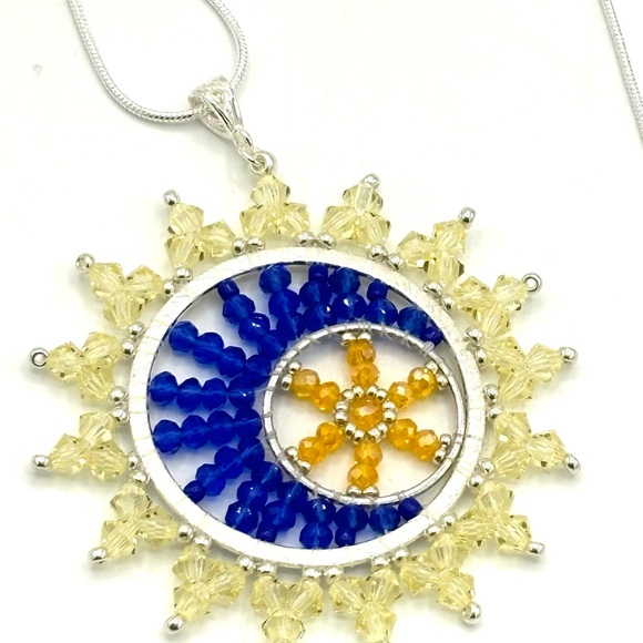Hand Crafted Crystal Sun and Moon Pendant Necklace Yellow and Blue - Picture 5 of 7